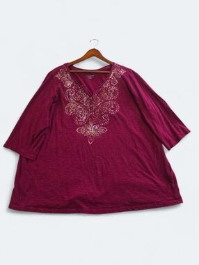 Catherines Plus Size 1X Burgundy Tunic Top | Embellished V-Neck Boho 3/4 Sleeve